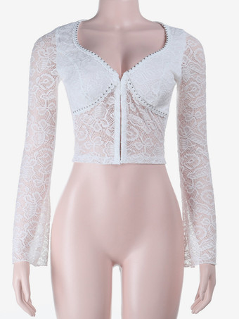 花柄レースのクロップトップ（レディース） - ホワイトのエレガントな長袖Vネックスリムフィットブラウス - 春の夜のお出かけクラブウェア 2026