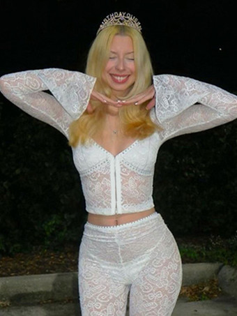 花柄レースのクロップトップ（レディース） - ホワイトのエレガントな長袖Vネックスリムフィットブラウス - 春の夜のお出かけクラブウェア 2026