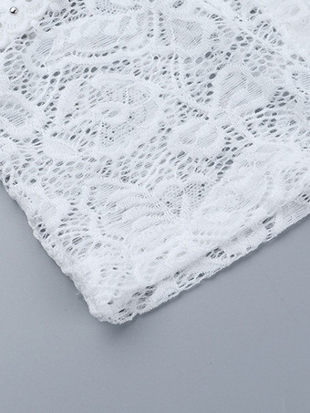 花柄レースのクロップトップ（レディース） - ホワイトのエレガントな長袖Vネックスリムフィットブラウス - 春の夜のお出かけクラブウェア 2026