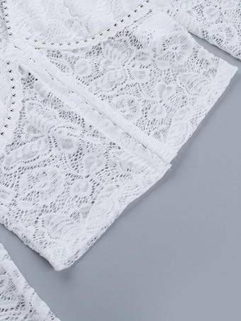 花柄レースのクロップトップ（レディース） - ホワイトのエレガントな長袖Vネックスリムフィットブラウス - 春の夜のお出かけクラブウェア 2026