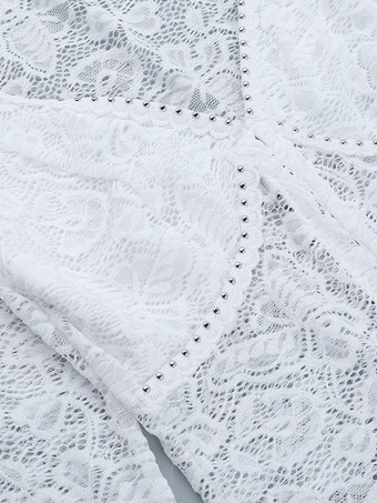 花柄レースのクロップトップ（レディース） - ホワイトのエレガントな長袖Vネックスリムフィットブラウス - 春の夜のお出かけクラブウェア 2026