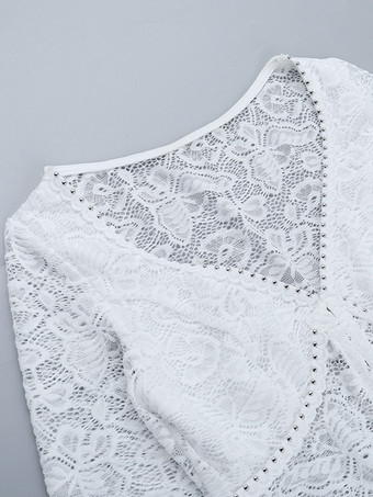 花柄レースのクロップトップ（レディース） - ホワイトのエレガントな長袖Vネックスリムフィットブラウス - 春の夜のお出かけクラブウェア 2026