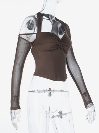 レディース用ホルターネックコルセットトップ - ブラウンメッシュパッチワーク長袖ブラウス - 春のナイトアウトクラブウェア 2026