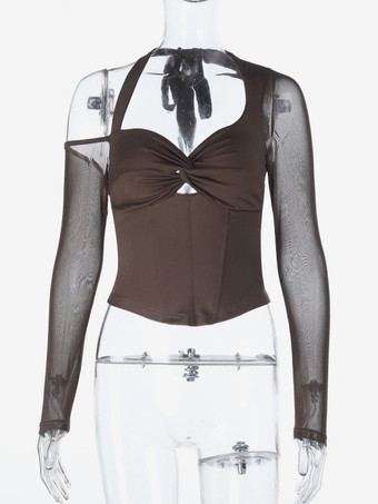 レディース用ホルターネックコルセットトップ - ブラウンメッシュパッチワーク長袖ブラウス - 春のナイトアウトクラブウェア 2026