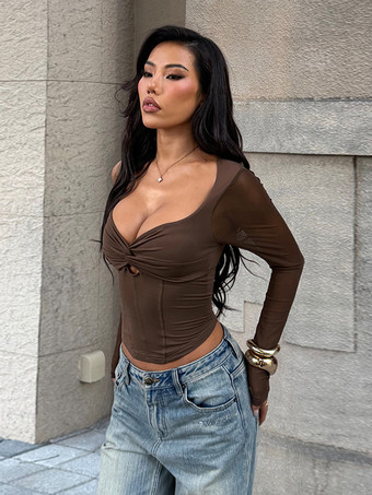 レディース用ホルターネックコルセットトップ - ブラウンメッシュパッチワーク長袖ブラウス - 春のナイトアウトクラブウェア 2026