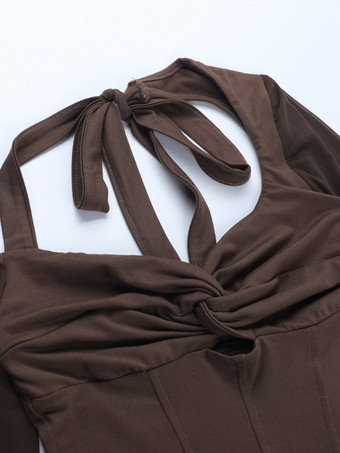 レディース用ホルターネックコルセットトップ - ブラウンメッシュパッチワーク長袖ブラウス - 春のナイトアウトクラブウェア 2026