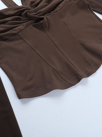 レディース用ホルターネックコルセットトップ - ブラウンメッシュパッチワーク長袖ブラウス - 春のナイトアウトクラブウェア 2026