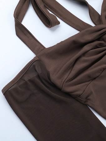 レディース用ホルターネックコルセットトップ - ブラウンメッシュパッチワーク長袖ブラウス - 春のナイトアウトクラブウェア 2026