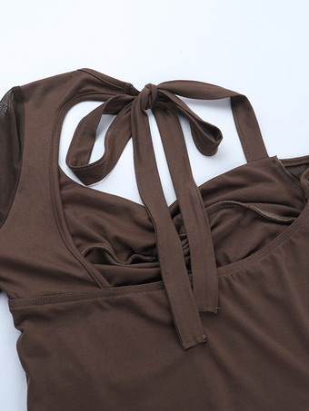 レディース用ホルターネックコルセットトップ - ブラウンメッシュパッチワーク長袖ブラウス - 春のナイトアウトクラブウェア 2026