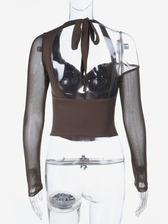 レディース用ホルターネックコルセットトップ - ブラウンメッシュパッチワーク長袖ブラウス - 春のナイトアウトクラブウェア 2026