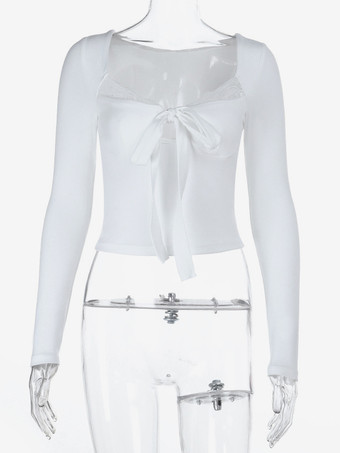 レーストリム ボウタイ フロント クロップドトップ レディース - ホワイト スリムフィット 長袖 フェアリーコア ブラウス - 春のナイトアウト クラブウェア 2026