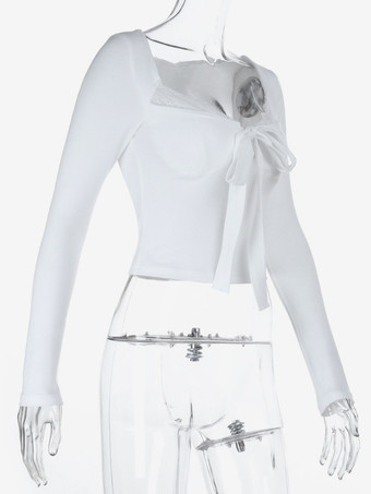 レーストリム ボウタイ フロント クロップドトップ レディース - ホワイト スリムフィット 長袖 フェアリーコア ブラウス - 春のナイトアウト クラブウェア 2026