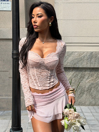 ピンクのコルセット風レーストップス（女性用） - エレガントな長袖ハートネックビスチェブラウス - 春の夜のお出かけにぴったりのクラブウェア 2026