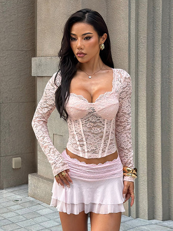ピンクのコルセット風レーストップス（女性用） - エレガントな長袖ハートネックビスチェブラウス - 春の夜のお出かけにぴったりのクラブウェア 2026