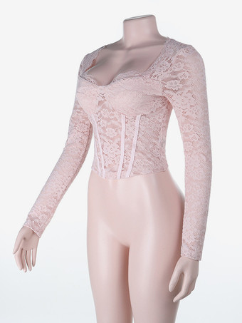 ピンクのコルセット風レーストップス（女性用） - エレガントな長袖ハートネックビスチェブラウス - 春の夜のお出かけにぴったりのクラブウェア 2026