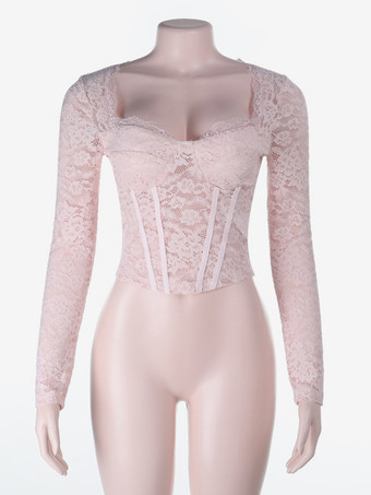 ピンクのコルセット風レーストップス（女性用） - エレガントな長袖ハートネックビスチェブラウス - 春の夜のお出かけにぴったりのクラブウェア 2026