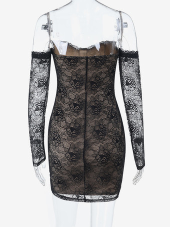レースコルセットドレス（女性用） - ブラック オフショルダー 長袖 ボディコン ミニドレス - 春のクラブウェア イブニングパーティー 2026