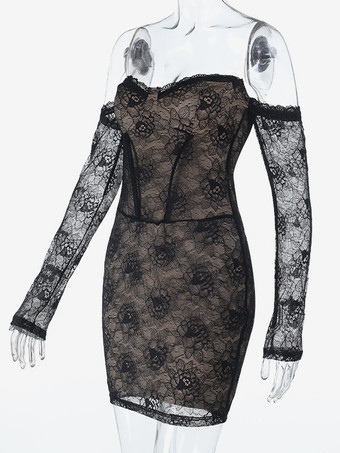 レースコルセットドレス（女性用） - ブラック オフショルダー 長袖 ボディコン ミニドレス - 春のクラブウェア イブニングパーティー 2026