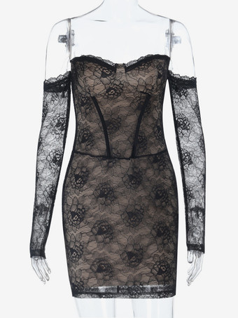 レースコルセットドレス（女性用） - ブラック オフショルダー 長袖 ボディコン ミニドレス - 春のクラブウェア イブニングパーティー 2026