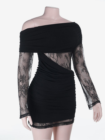 レディース用ギャザーレースパッチワークミニドレス - ブラック オフショルダー ボディコン - 2026年春のクラブナイトアウト