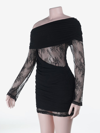 レディース用ギャザーレースパッチワークミニドレス - ブラック オフショルダー ボディコン - 2026年春のクラブナイトアウト