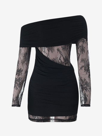 レディース用ギャザーレースパッチワークミニドレス - ブラック オフショルダー ボディコン - 2026年春のクラブナイトアウト