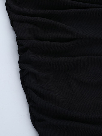 レディース用ギャザーレースパッチワークミニドレス - ブラック オフショルダー ボディコン - 2026年春のクラブナイトアウト