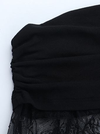 レディース用ギャザーレースパッチワークミニドレス - ブラック オフショルダー ボディコン - 2026年春のクラブナイトアウト