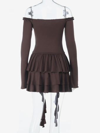 ティアードフリルドレス（女性用） - コーヒーブラウン オフショルダー 長袖 バレエコア ミニドレス - 2026年春の誕生日パーティー