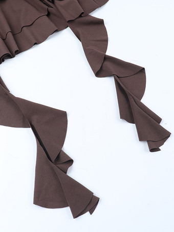 ティアードフリルドレス（女性用） - コーヒーブラウン オフショルダー 長袖 バレエコア ミニドレス - 2026年春の誕生日パーティー