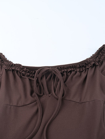 ティアードフリルドレス（女性用） - コーヒーブラウン オフショルダー 長袖 バレエコア ミニドレス - 2026年春の誕生日パーティー