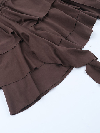 ティアードフリルドレス（女性用） - コーヒーブラウン オフショルダー 長袖 バレエコア ミニドレス - 2026年春の誕生日パーティー