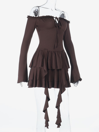 ティアードフリルドレス（女性用） - コーヒーブラウン オフショルダー 長袖 バレエコア ミニドレス - 2026年春の誕生日パーティー