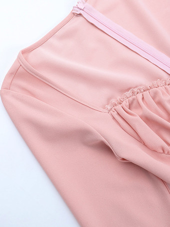 ピンクのAラインコルセットスタイルミニドレス（女性用） - コケットレースパッチワーク長袖 - 2026年春の誕生日パーティー