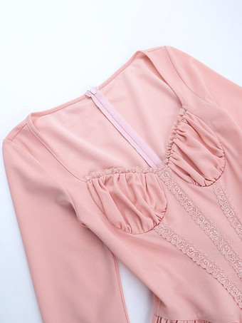 ピンクのAラインコルセットスタイルミニドレス（女性用） - コケットレースパッチワーク長袖 - 2026年春の誕生日パーティー