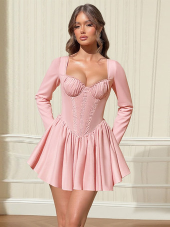 ピンクピンクのAラインコルセットスタイルミニドレス（女性用） - コケットレースパッチワーク長袖 - 2026年春の誕生日パーティー