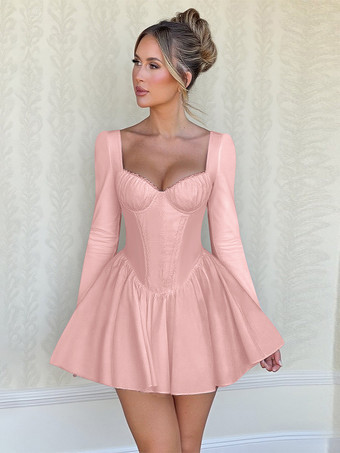 ピンクのAラインコルセットスタイルミニドレス（女性用） - コケットレースパッチワーク長袖 - 2026年春の誕生日パーティー