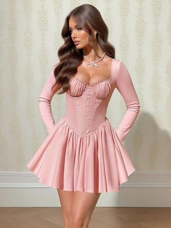 ピンクのAラインコルセットスタイルミニドレス（女性用） - コケットレースパッチワーク長袖 - 2026年春の誕生日パーティー