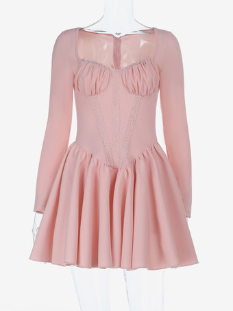 ピンクのAラインコルセットスタイルミニドレス（女性用） - コケットレースパッチワーク長袖 - 2026年春の誕生日パーティー