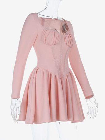 ピンクのAラインコルセットスタイルミニドレス（女性用） - コケットレースパッチワーク長袖 - 2026年春の誕生日パーティー