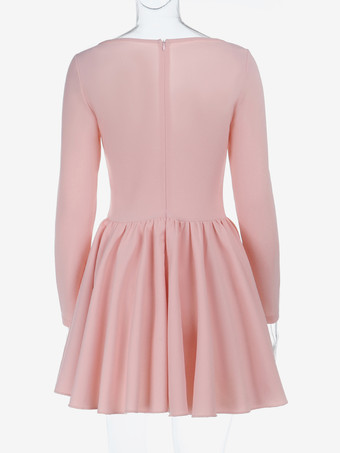 ピンクのAラインコルセットスタイルミニドレス（女性用） - コケットレースパッチワーク長袖 - 2026年春の誕生日パーティー