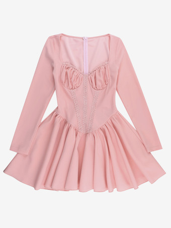 ピンクのAラインコルセットスタイルミニドレス（女性用） - コケットレースパッチワーク長袖 - 2026年春の誕生日パーティー