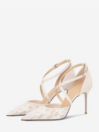 アイボリー レースハイヒール レディース ポインテッドトゥ クロスストラップ ウェディング パーティシューズ