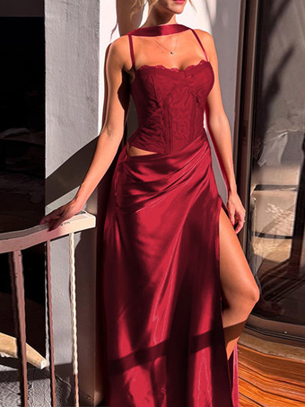 ワインレッド コルセット風レースマキシドレス（女性用） - ドレープギャザーボディコンガウン - 2026年春のイブニングパーティー衣装