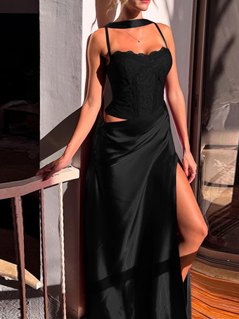 ブラック コルセット風レースマキシドレス（女性用） - ドレープギャザーボディコンガウン - 2026年春のイブニングパーティー衣装