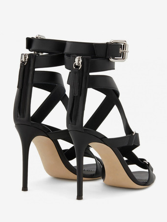 黒のハイヒールサンダル、オープントゥ、ストラップ付き、スティレットヒールサンダルシューズ