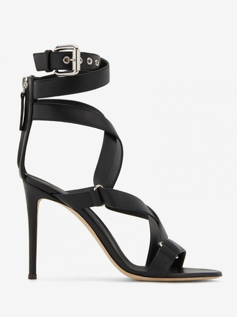 黒のハイヒールサンダル、オープントゥ、ストラップ付き、スティレットヒールサンダルシューズ