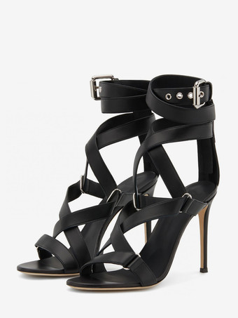 ブラック 黒のハイヒールサンダル、オープントゥ、ストラップ付き、スティレットヒールサンダルシューズ