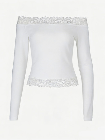 ホワイト オフショルダーレーストリムクロップトップ（レディース） - 長袖スリムフィットY2Kブラウス - 2026年春のストリートウェア