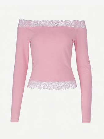 ピンクオフショルダーレーストリムクロップトップ（レディース） - 長袖スリムフィットY2Kブラウス - 2026年春のストリートウェア